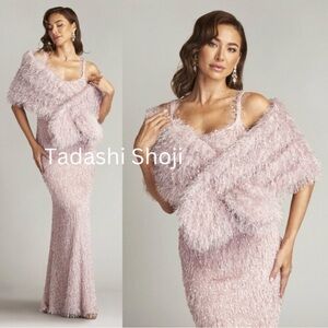 NWT Tadashi Shoji Blush Textured Maxi Dress Pink Fringe Shawl Gown XS